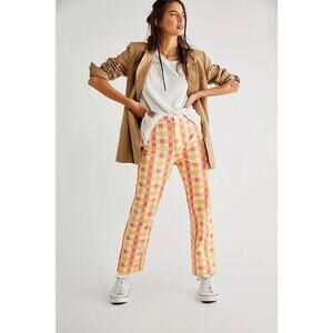 NWT Free People She's All That Printed Check Trouser Pants Yellow Orange Sz 12
